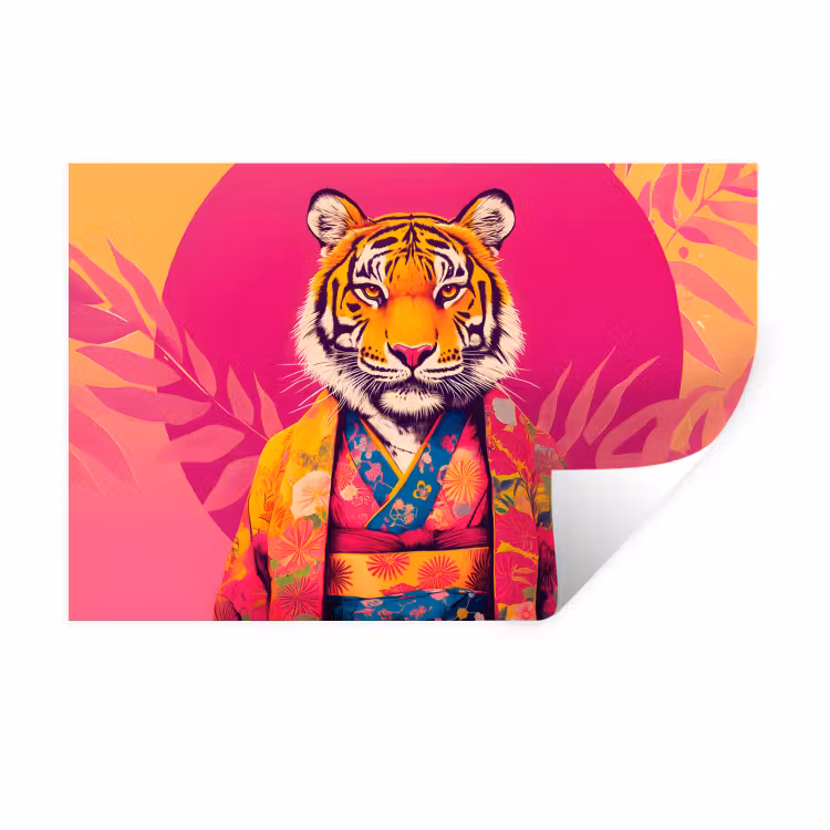 Muursticker - Tijger - Kimono - Planten - Roze — 1