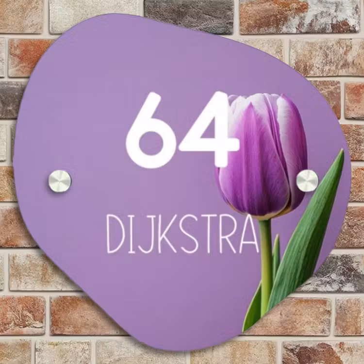 Naambordje voordeur - Huisjesvorm - Paarse tulp - Modern — 4