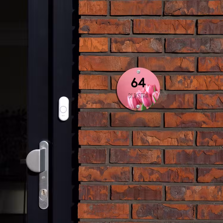 Naambordje voordeur - Rond - Roze tulpen - Modern — 2