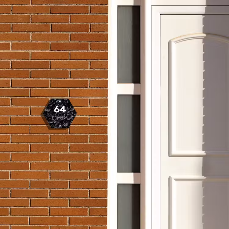 Naambordje voordeur - Hexagon - Zwarte rozen - Modern — 2