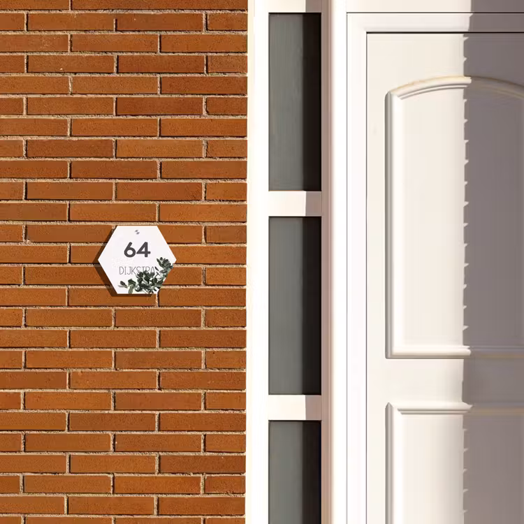 Naambordje voordeur - Hexagon - Wit met bladeren - Modern — 2
