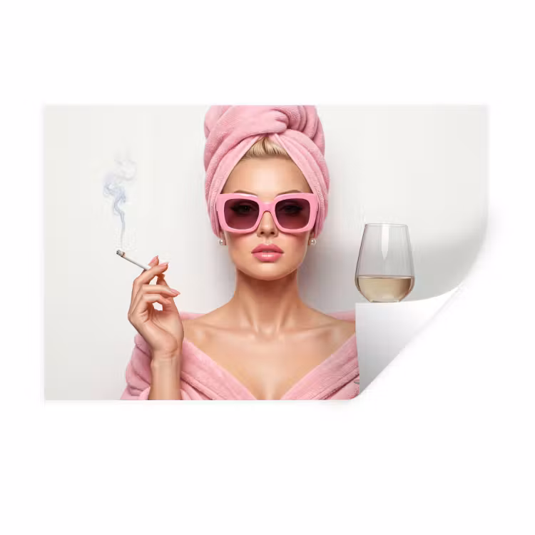 Muursticker - Vrouw - Roze - Wijn - Zonnebril — 1