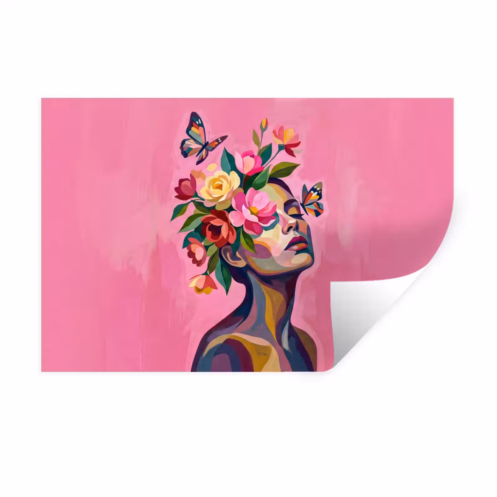 Muursticker - Vrouwengezicht - Vlinders - Kleurrijk — 1