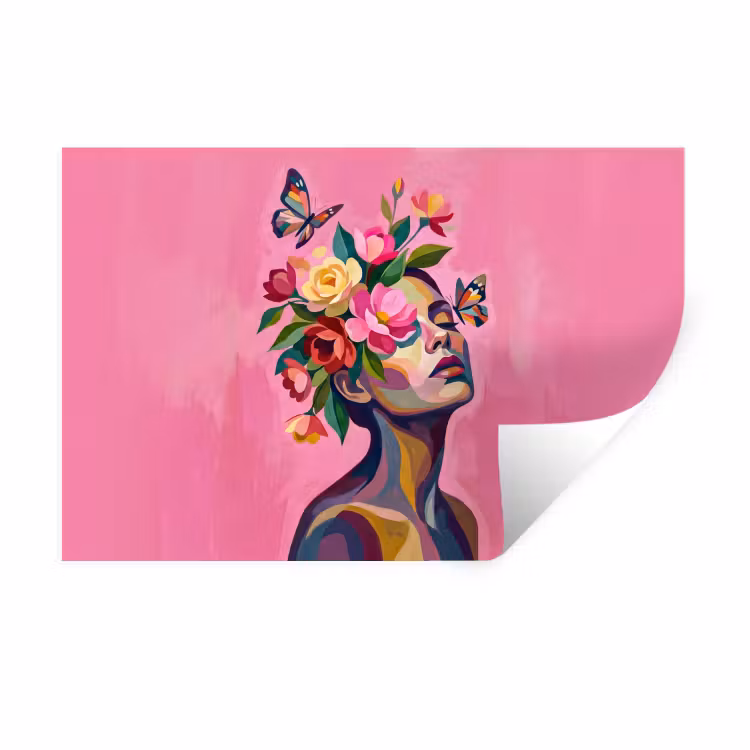 Muursticker - Vrouwengezicht - Vlinders - Kleurrijk — 1