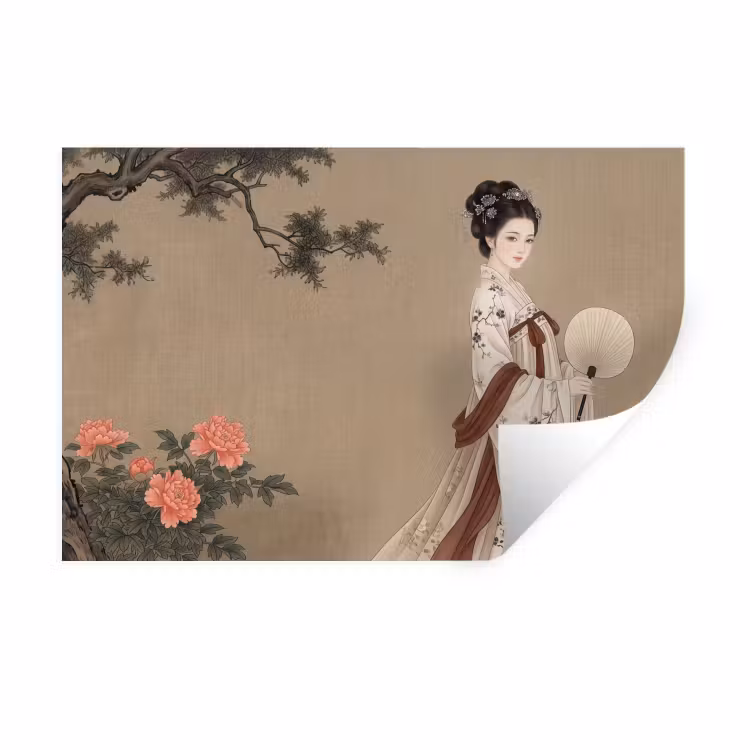 Muursticker - Vrouw - Azië - Kunst - Beige — 1