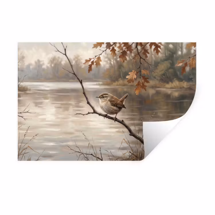Muursticker - Winterkoninkje - Tak - Rivier - Natuur - Sfeervol — 1