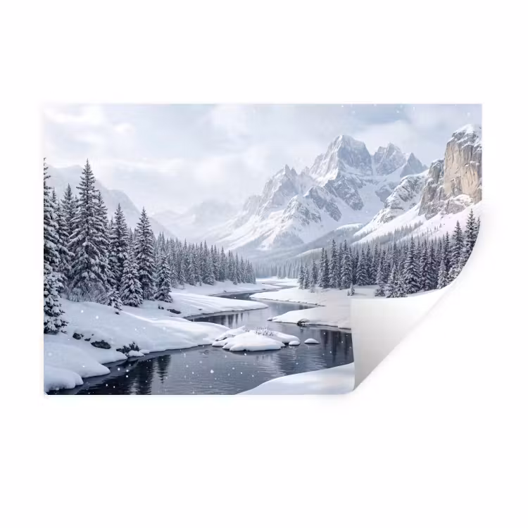 Muursticker - Sneeuwlandschap - Bergen - Rivier - Winter — 1