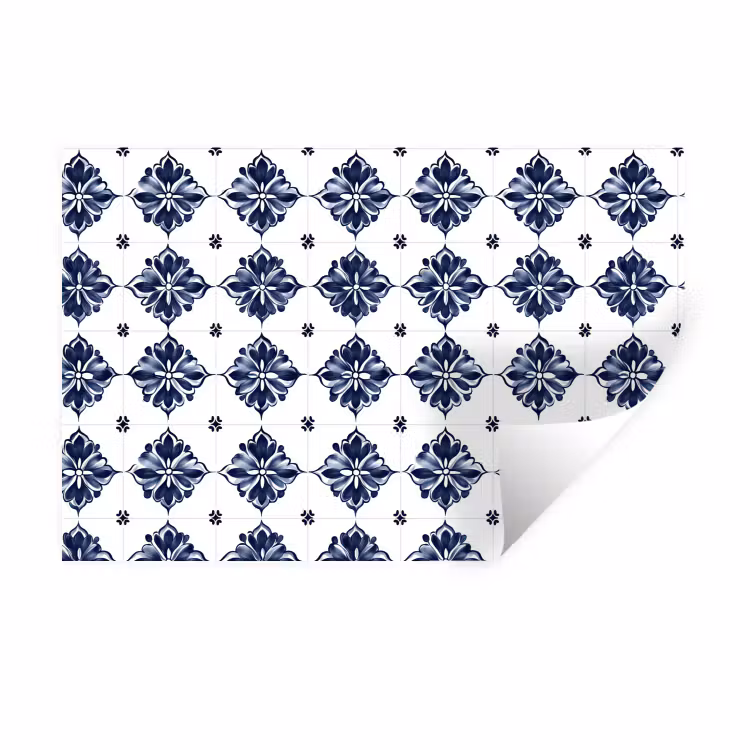 Muursticker - Tegelmotief - Blauw - Wit - Bloem — 1