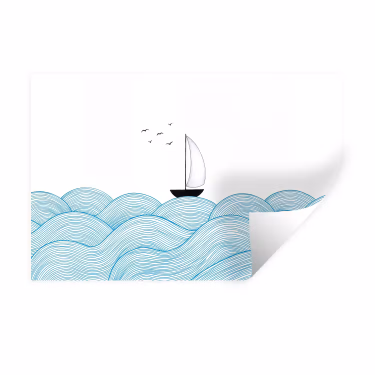 Muursticker - Zeilboot - Golven - Zee - Illustratie - Blauw — 1
