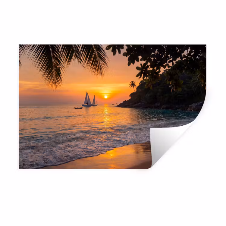 Muursticker - Zee - Zonsondergang - Boot - Natuur - Oranje — 1