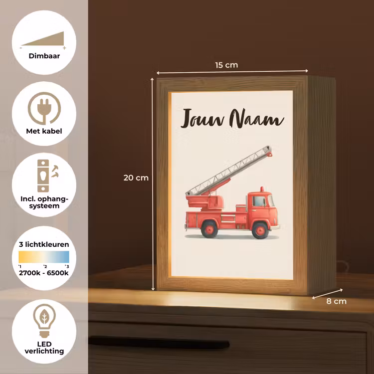 Nachtlampje met naam - Brandweerwagen - Getekend - Rood — 2