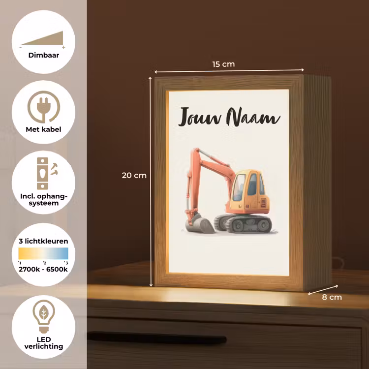 Nachtlampje met naam - Graafmachine - Getekend - Oranje — 2