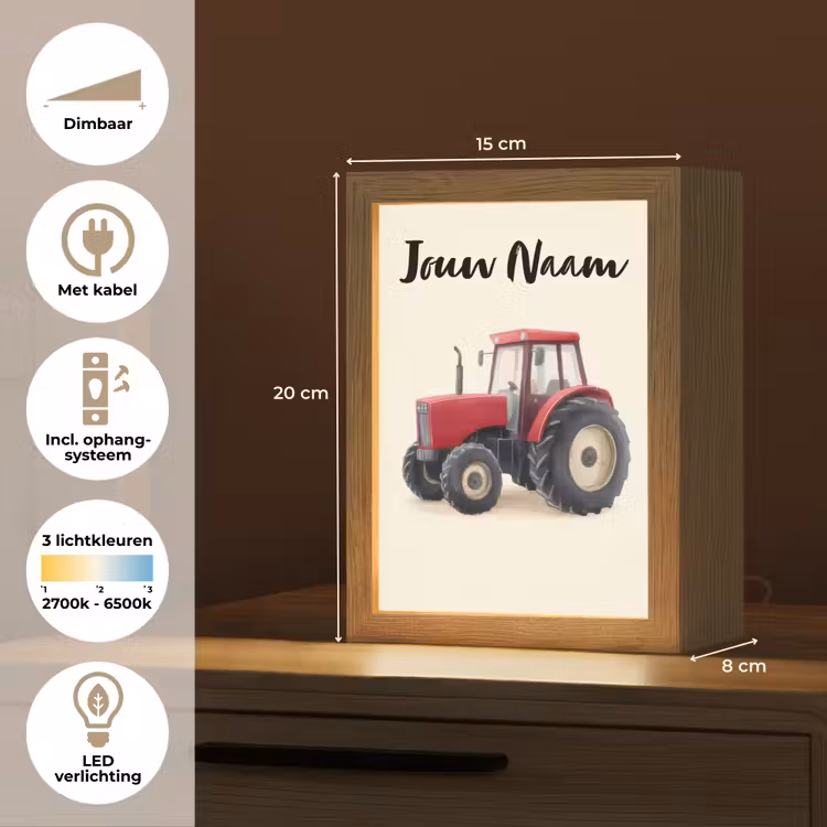 Nachtlampje met naam - Tractor - Getekend - Rood — 2