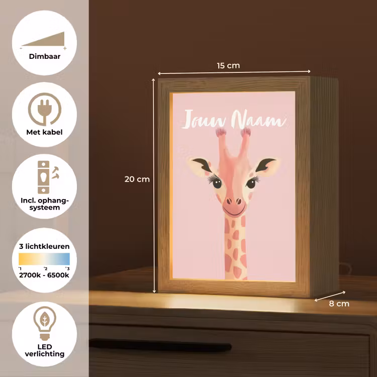 Nachtlampje met naam - Giraffe - Illustratie - Roze — 2