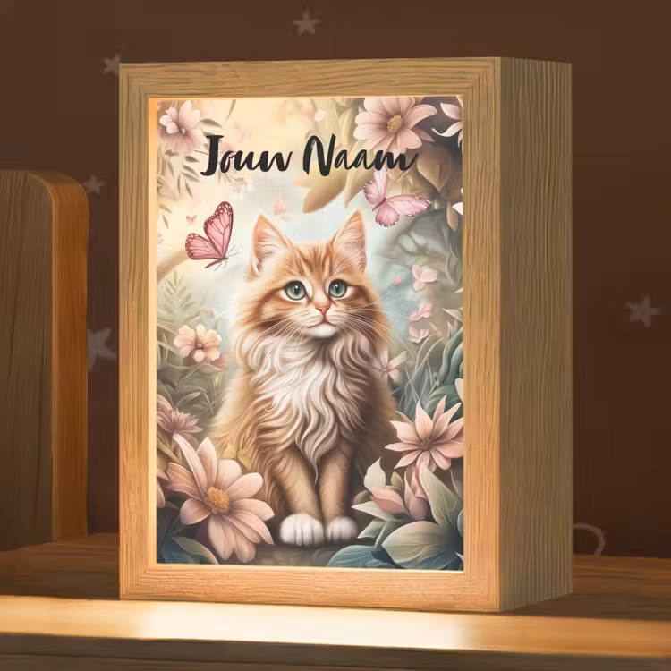 Nachtlampje met naam - Kat - Bloemen - Vlinders - Roze — 1