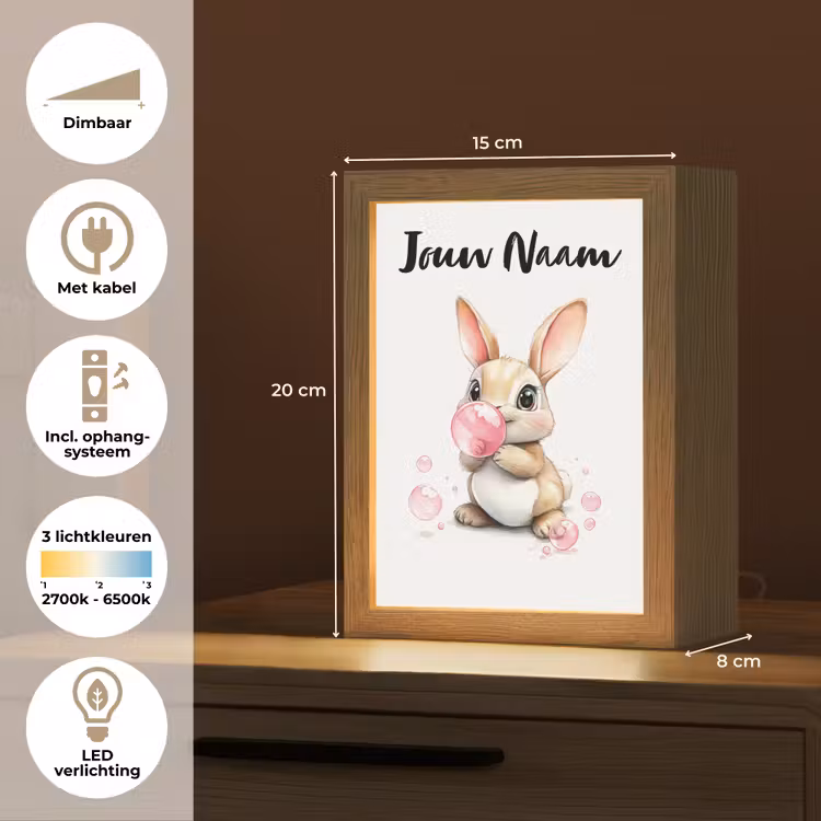 Nachtlampje met naam - Konijn - Roze - Bellen — 2