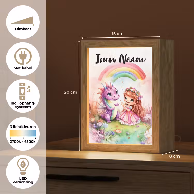 Nachtlampje met naam - Meisje - Draak - Regenboog — 2