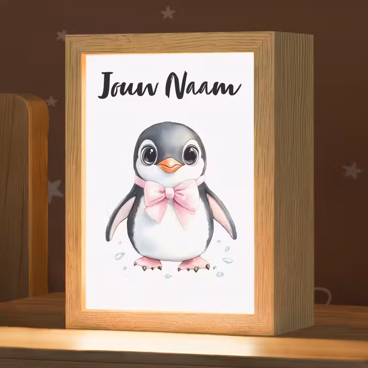 Nachtlampje met naam - Pinguïn - Strikje - Roze - Dier — 1