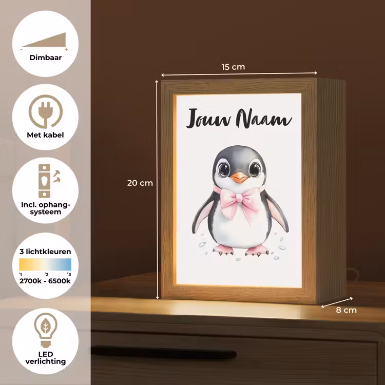 Nachtlampje met naam - Pinguïn - Strikje - Roze - Dier — 2