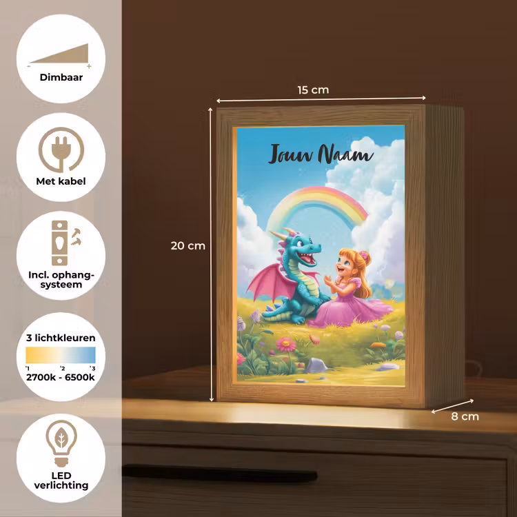 Nachtlampje met naam - Prinses - Draak - Regenboog — 2