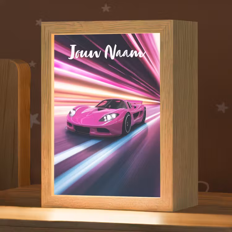 Nachtlampje met naam - Raceauto - Roze - Neon — 1