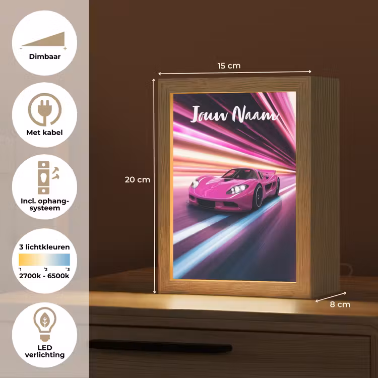 Nachtlampje met naam - Raceauto - Roze - Neon — 2