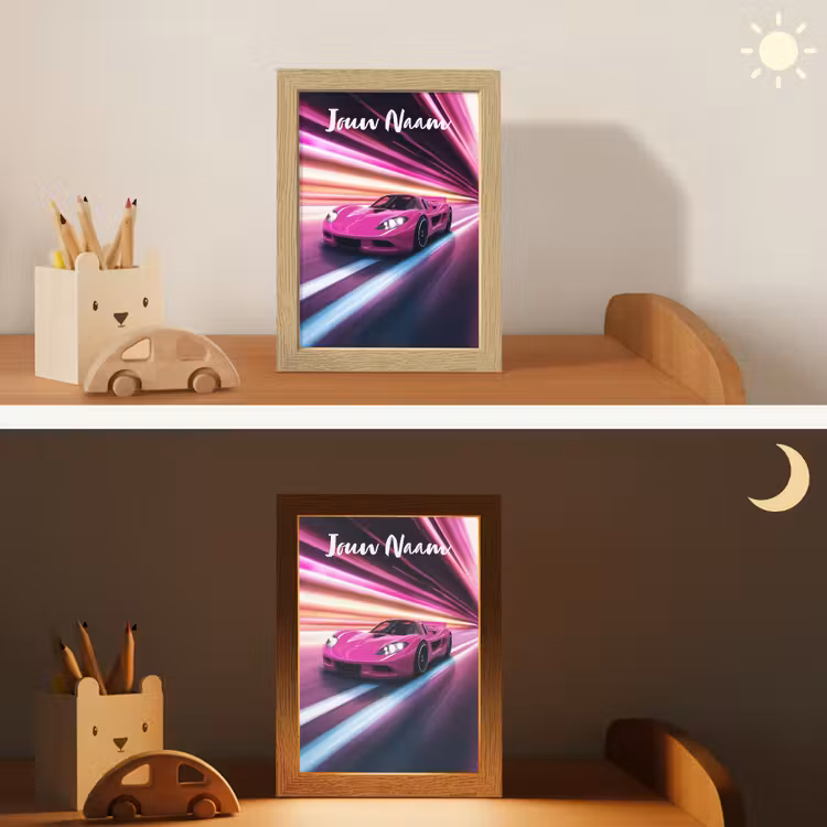 Nachtlampje met naam - Raceauto - Roze - Neon — 7
