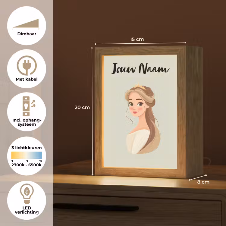 Nachtlampje met naam - Prinses - Bruin - Haar - Kroon — 2