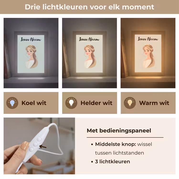 Nachtlampje met naam - Prinses - Bruin - Haar - Kroon — 5