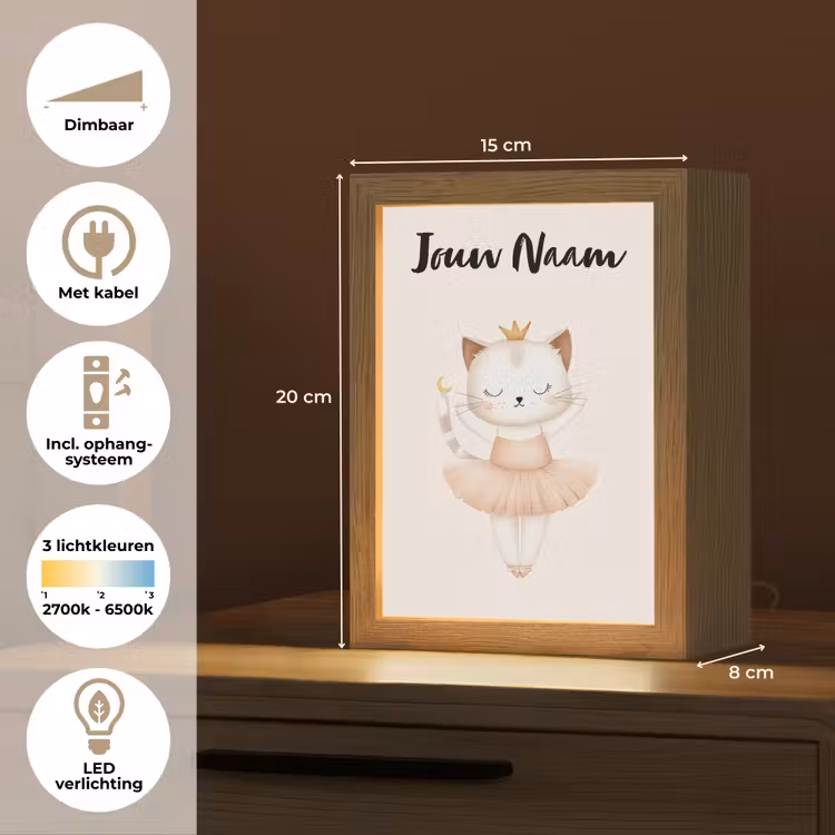 Nachtlampje met naam - Kat - Minimalistisch - Tutu - Kroontje — 2