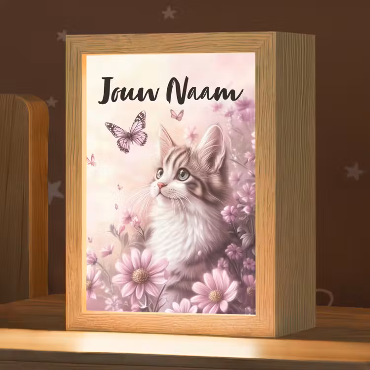 Nachtlampje met naam - Kitten - Bloemen - Vlinders - Paars — 1