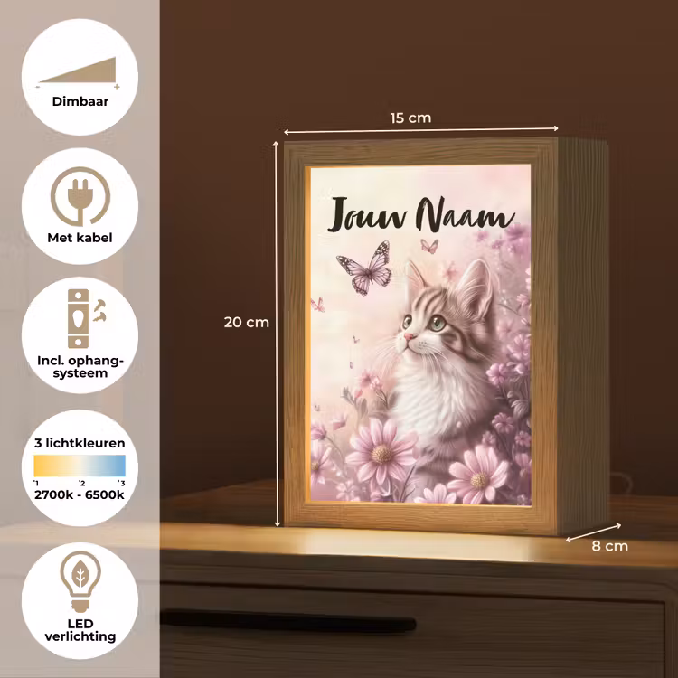 Nachtlampje met naam - Kitten - Bloemen - Vlinders - Paars — 2