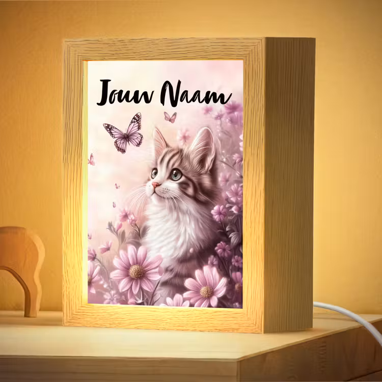 Nachtlampje met naam - Kitten - Bloemen - Vlinders - Paars — 4