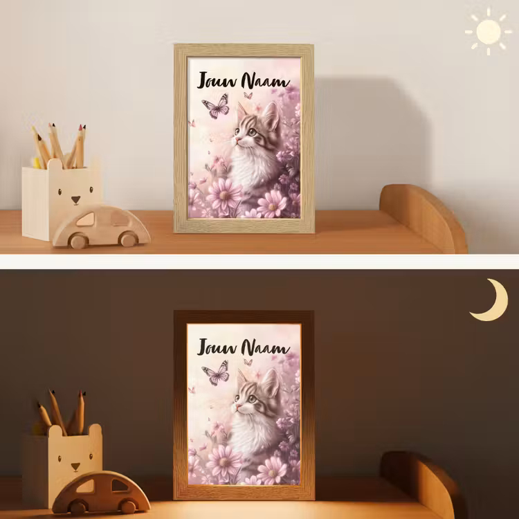 Nachtlampje met naam - Kitten - Bloemen - Vlinders - Paars — 7