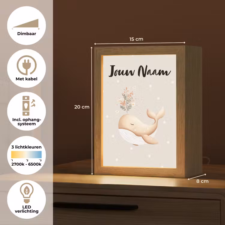 Nachtlampje met naam - Minimalistisch - Walvis - Bloemen - Stippen — 2