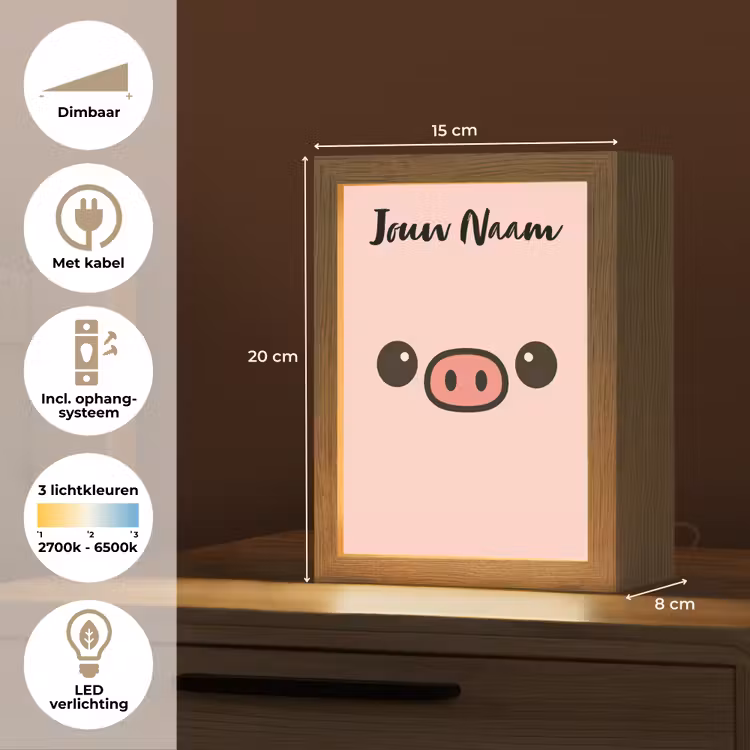 Nachtlampje met naam - Varken - Roze - Minimalistisch — 2