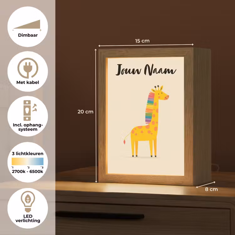 Nachtlampje met naam - Giraffe - Regenboogmanen - Beige — 2