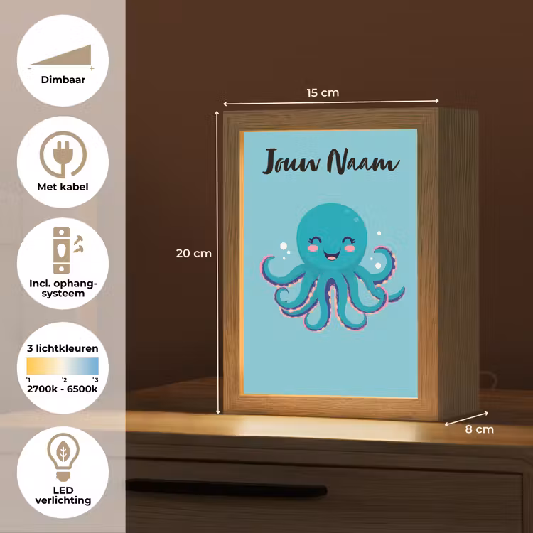 Nachtlampje met naam - Octopus - Blauw - Gezicht — 2