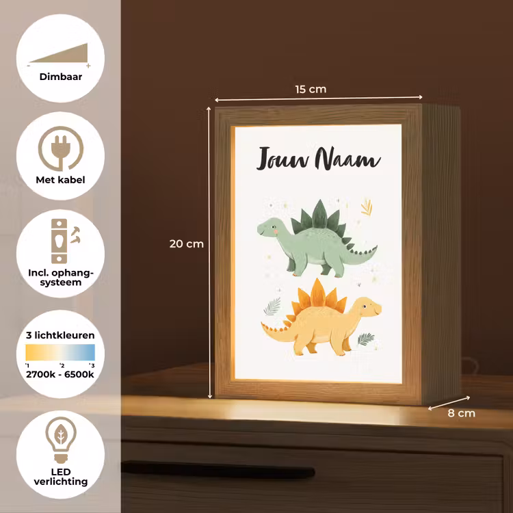 Nachtlampje met naam - Stegosaurus - Sterren - Bladeren - Minimalistisch — 2