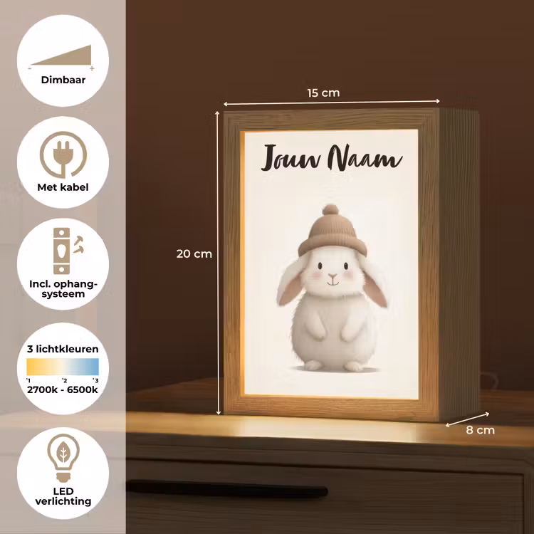 Nachtlampje met naam - Konijn - Muts - Oren - Beige — 2