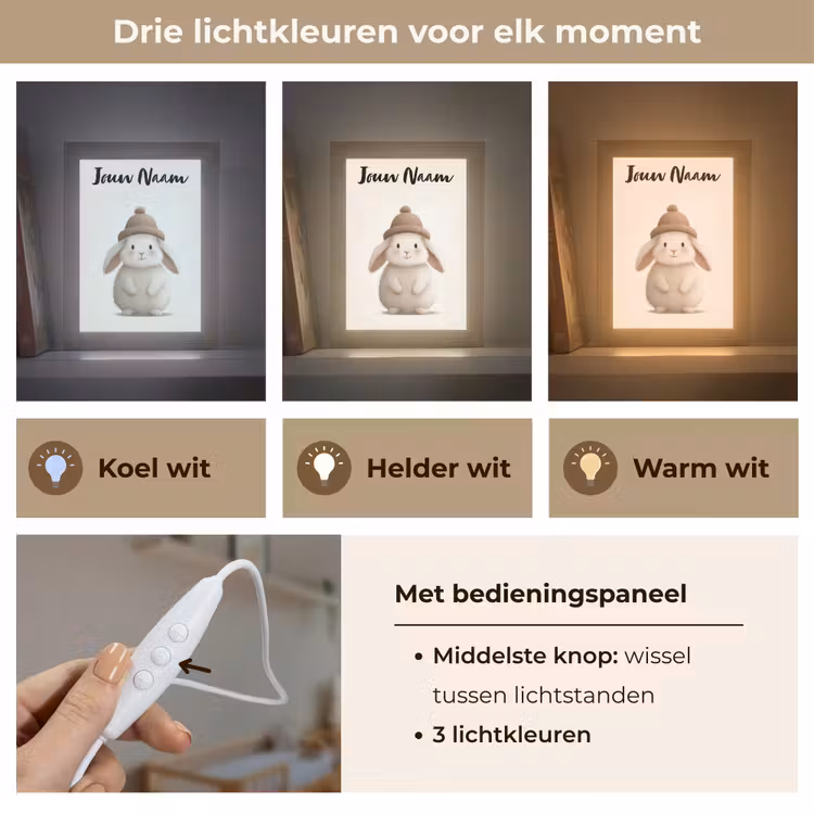 Nachtlampje met naam - Konijn - Muts - Oren - Beige — 5