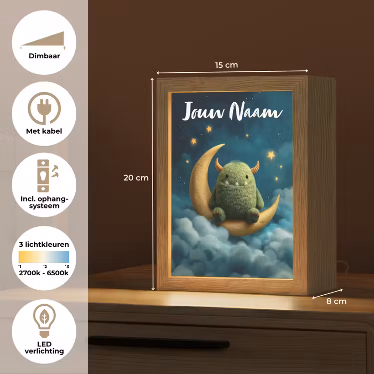 Nachtlampje met naam - Monster - Groen - Maan - Wolken — 2