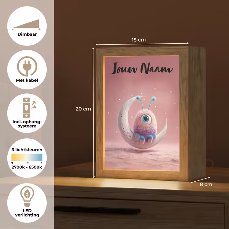 Nachtlampje met naam - Maan - Monster - Roze — 2