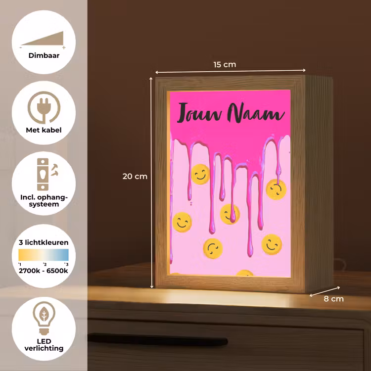 Nachtlampje met naam - Smiley - Roze - Glazuur — 2
