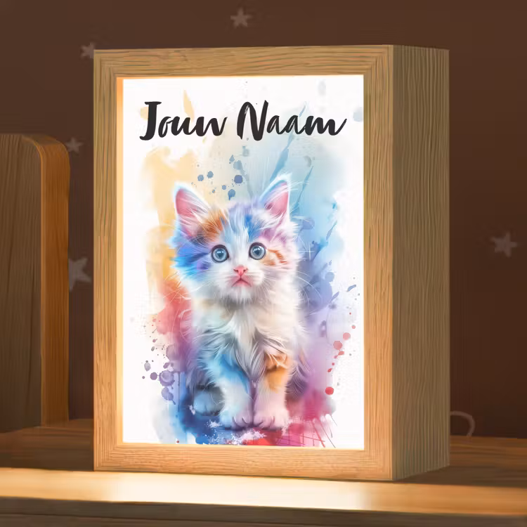 Nachtlampje met naam - Kat - Kleurrijk - Verf - Dier - Wit — 1
