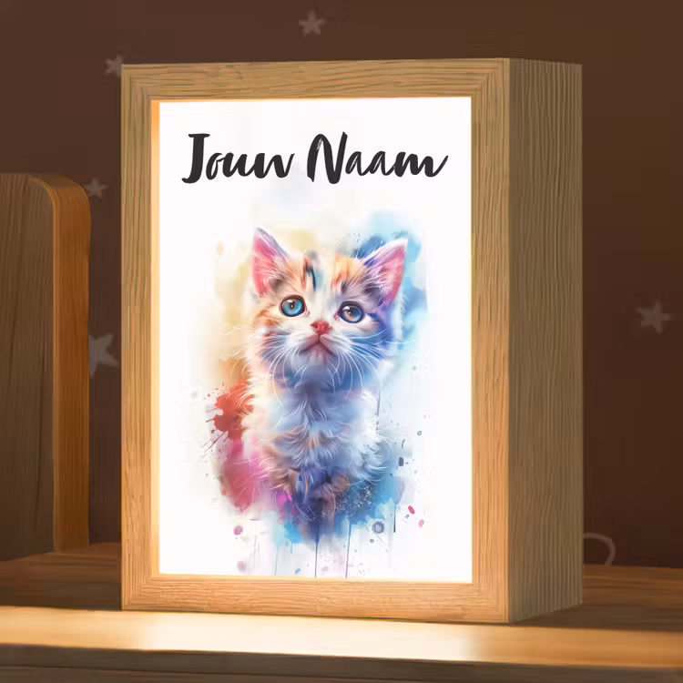 Nachtlampje met naam - Kat - Portret - Kleuren - Verf - Wit — 1