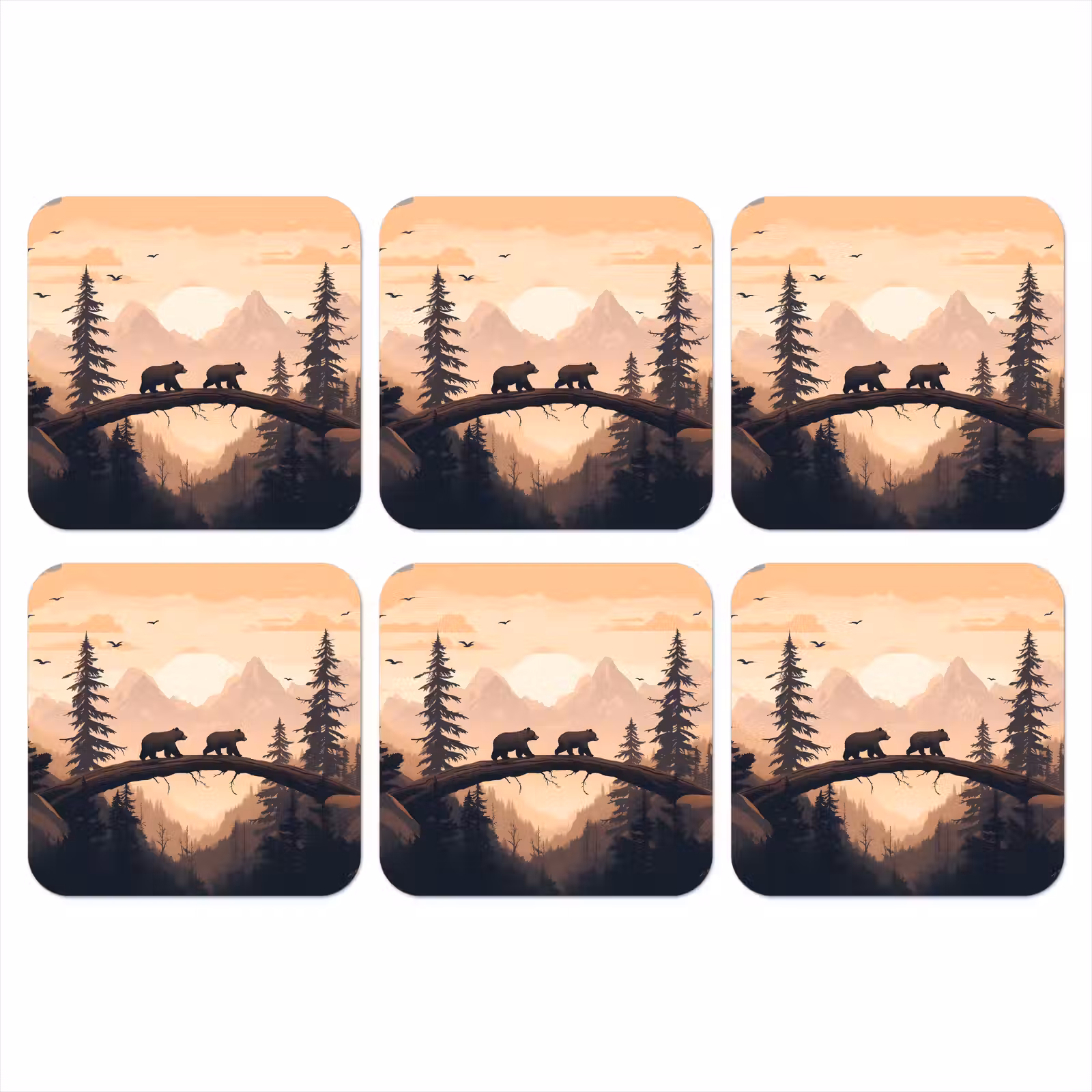 Onderzetter - Beren - Bomen - Landschap - Zonsondergang — 1