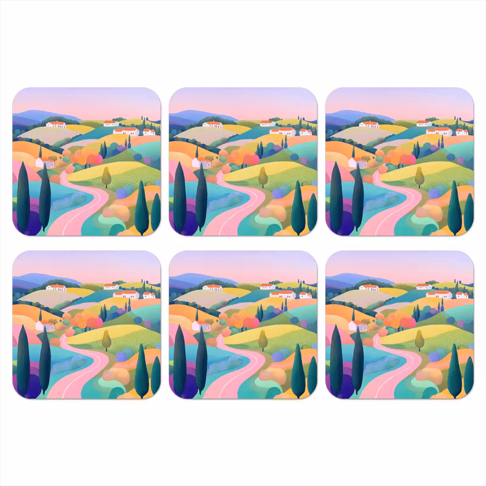Onderzetter - Landschap - Paars - Pastel - Huizen — 1