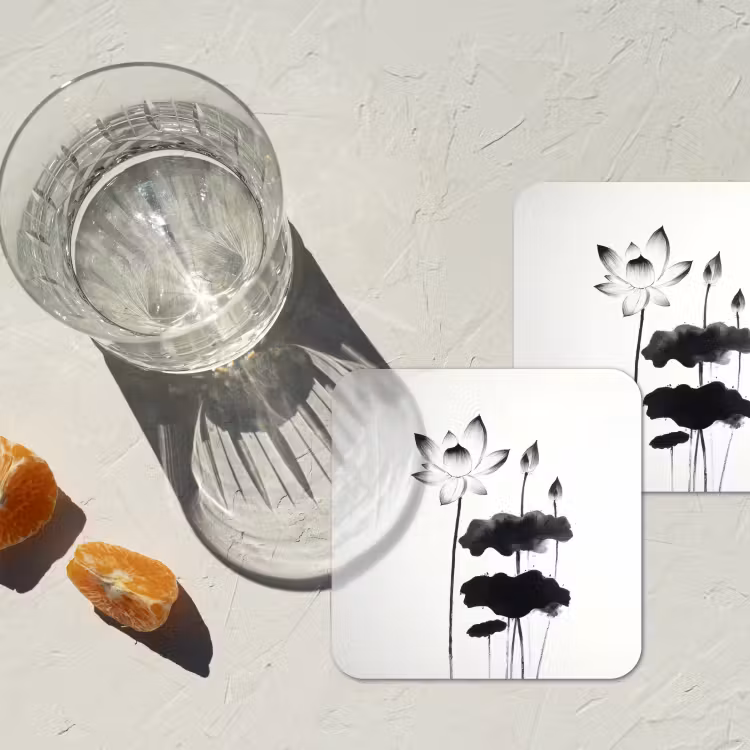 Onderzetter - Bladeren - Zwart - Lotusbloem - Minimalitisch — 3