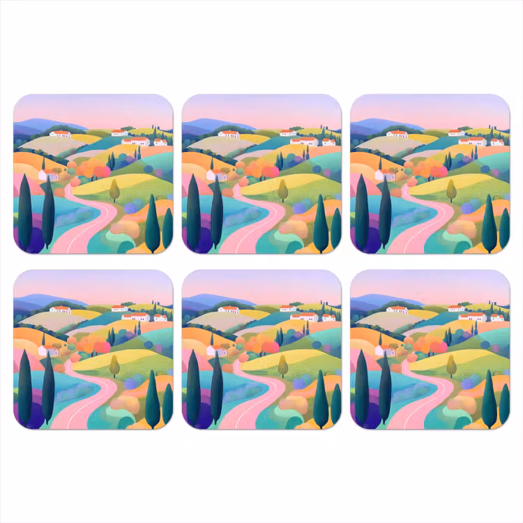 Onderzetter - Landschap - Paars - Pastel - Huizen — 1